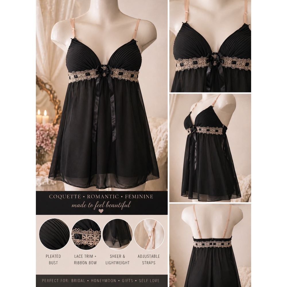 Romantic Black Chiffon Babydoll Nightgown Chemise Lace Ribbon Sleep Boudoir SZ L